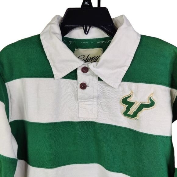 Colony NCAA South Florida BULLS Long Sleeve Green White Stripe Polo size L - Picture 1 of 5